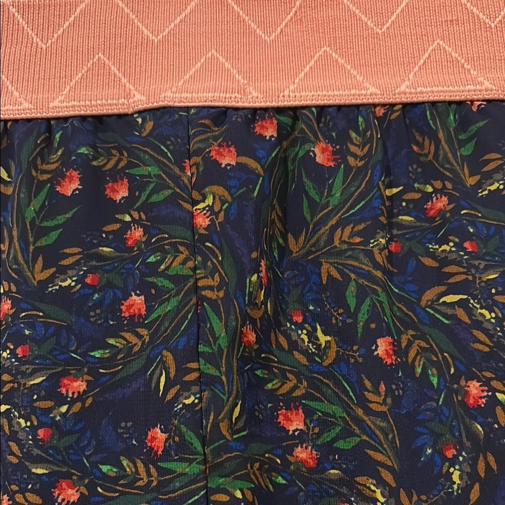 LuLaRoe Navy Midi Skirt with Coral Waistband and Tiny Floral Sprigs - Picture 4 of 9